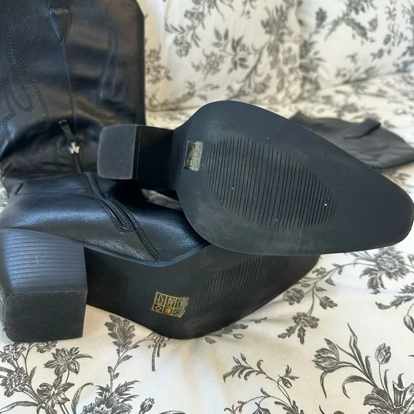 Black Knee High Western Cowboy Boots Flame Stitch Embroidery Zip Pointed Toe 7 - Picture 4 of 4
